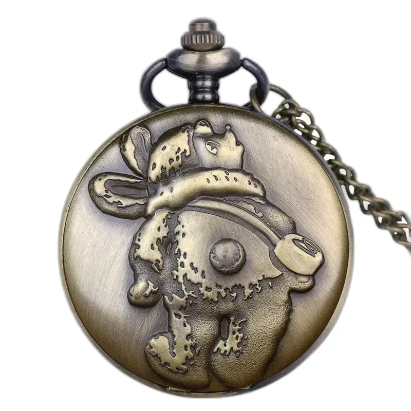 Orologio vintage con collana Teddy e cassa in bronzo Hunter con disegno di orsetto in rilievo