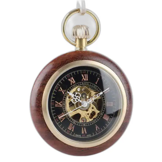 Orologio da tasca in legno di Bubinga con movimento al quarzo e finitura marrone e oro