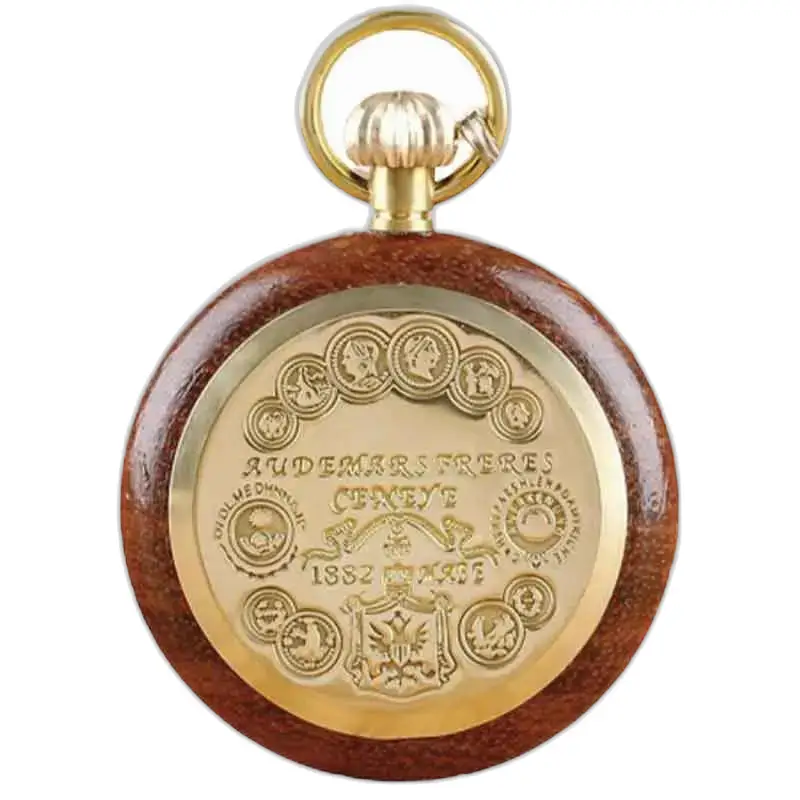 Orologio da tasca con soffietto in legno Bubinga con movimento al quarzo e finiture dorate