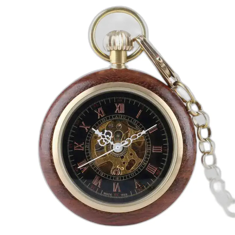 Orologio da tasca in legno di Bubinga con movimenti al quarzo e ingranaggi a vista