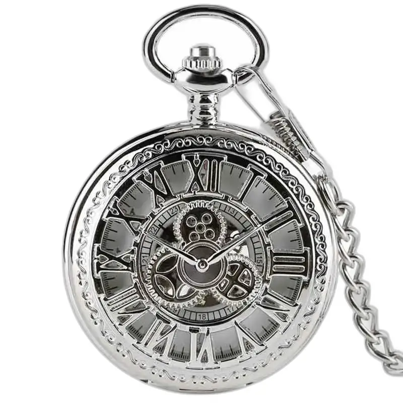 Orologio da tasca di lusso con tassello in argento e diamanti con catena, elegante design scheletrato