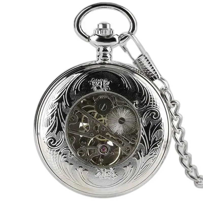 Orologio da tasca di lusso con tassello in argento e diamanti con meccanismo a vista