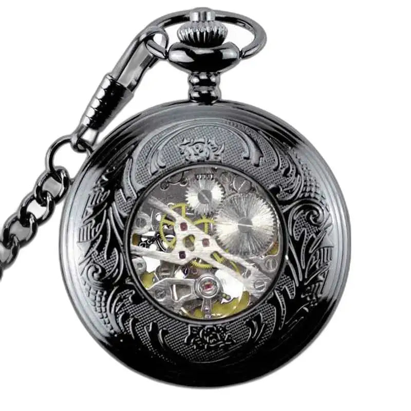 Orologio da tasca Steampunk cromato con un elegante design nero decorato