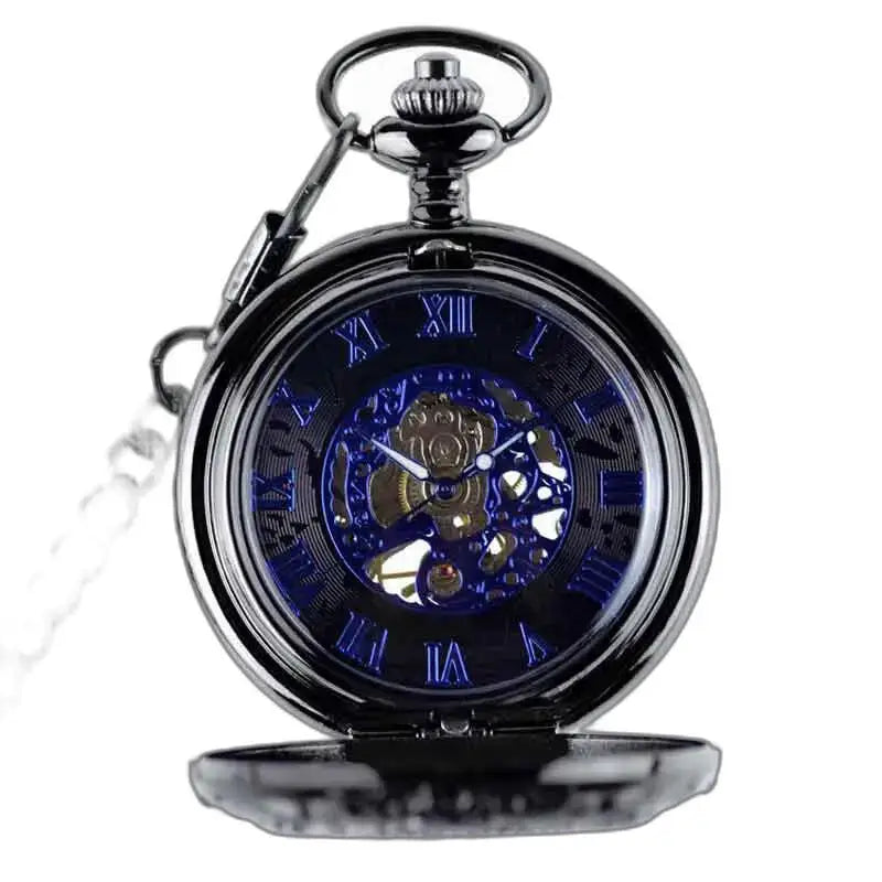 Orologio da tasca Steampunk cromato con quadrante nero e numeri romani blu