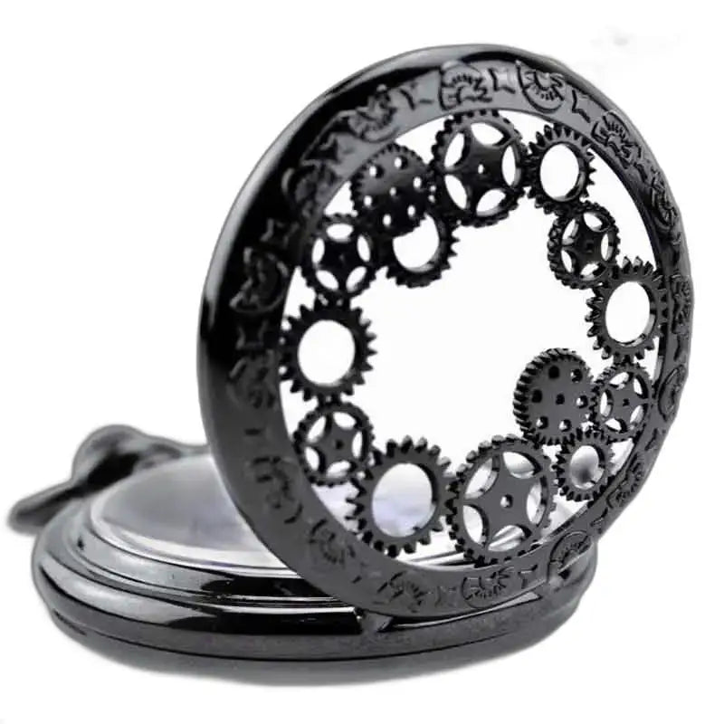 Orologio da tasca Steampunk con tassello cromato e orologio nero dal design vintage