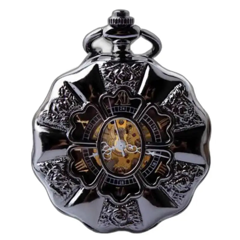 Orologio da tasca Steampunk con soffietto in platino con un elegante design nero decorato