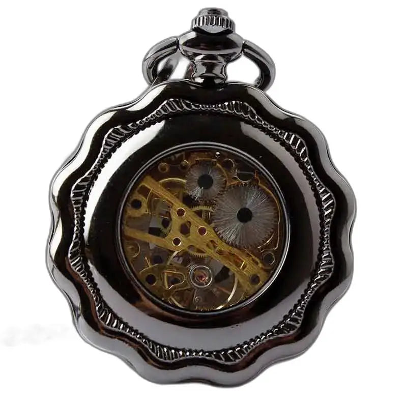 Orologio da tasca Steampunk con soffietto in platino con un elegante design nero meccanizzato