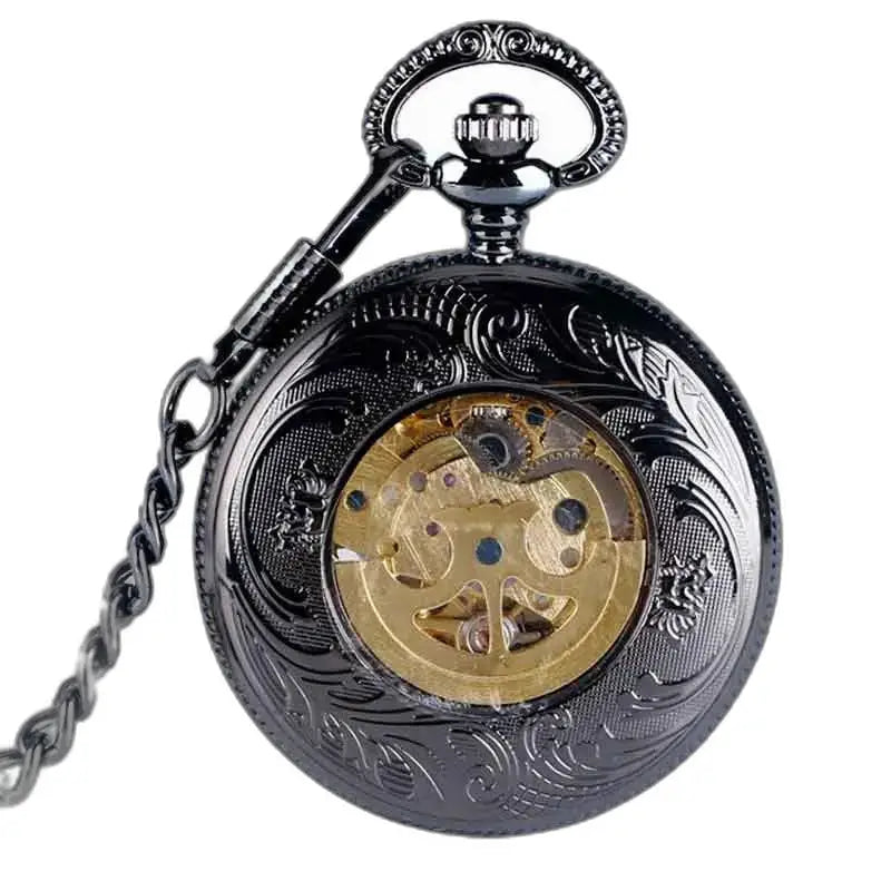 Orologio da tasca Steampunk con tassello in rodio con design ornato in nero