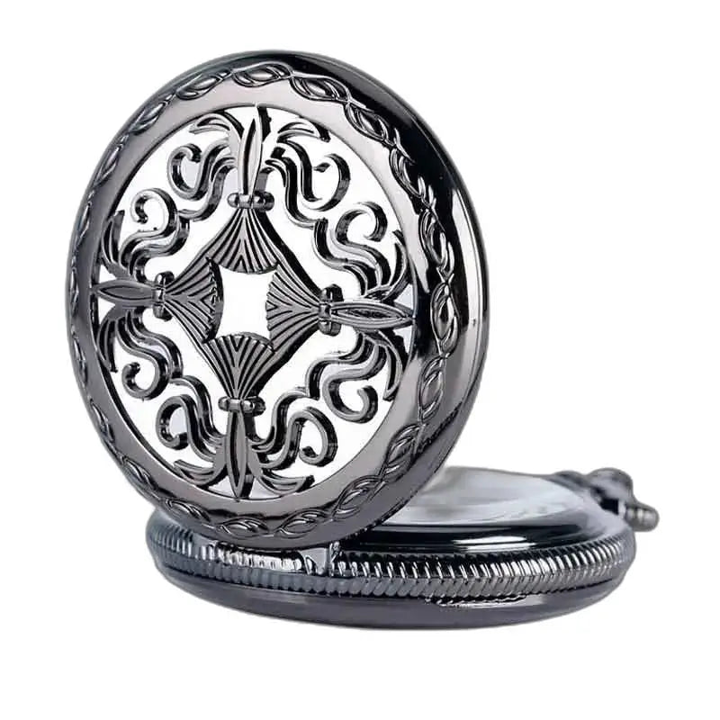 Orologio da tasca Steampunk con tassello in rodio con un elegante design nero decorato