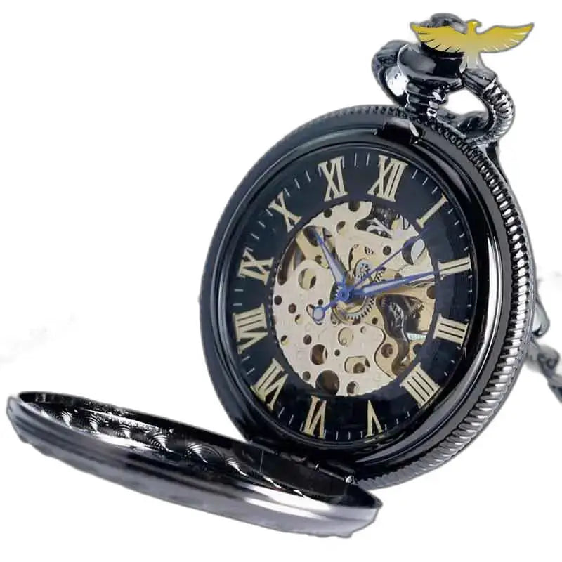 Orologio da tasca Steampunk con soffietto in rodio con un elegante design nero