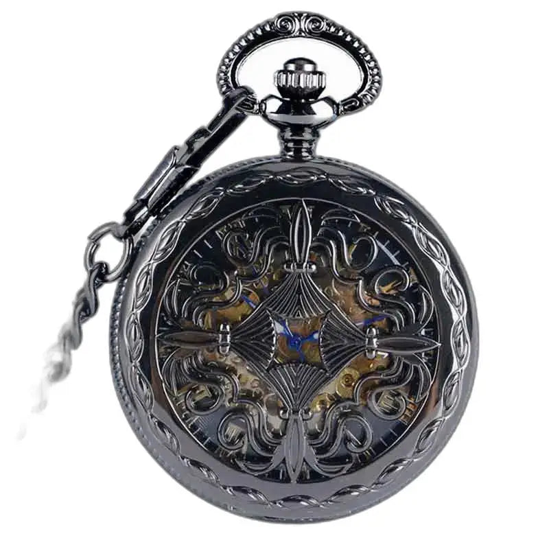 Orologio da tasca Steampunk con soffietto in rodio dal design elegante e decorato in nero