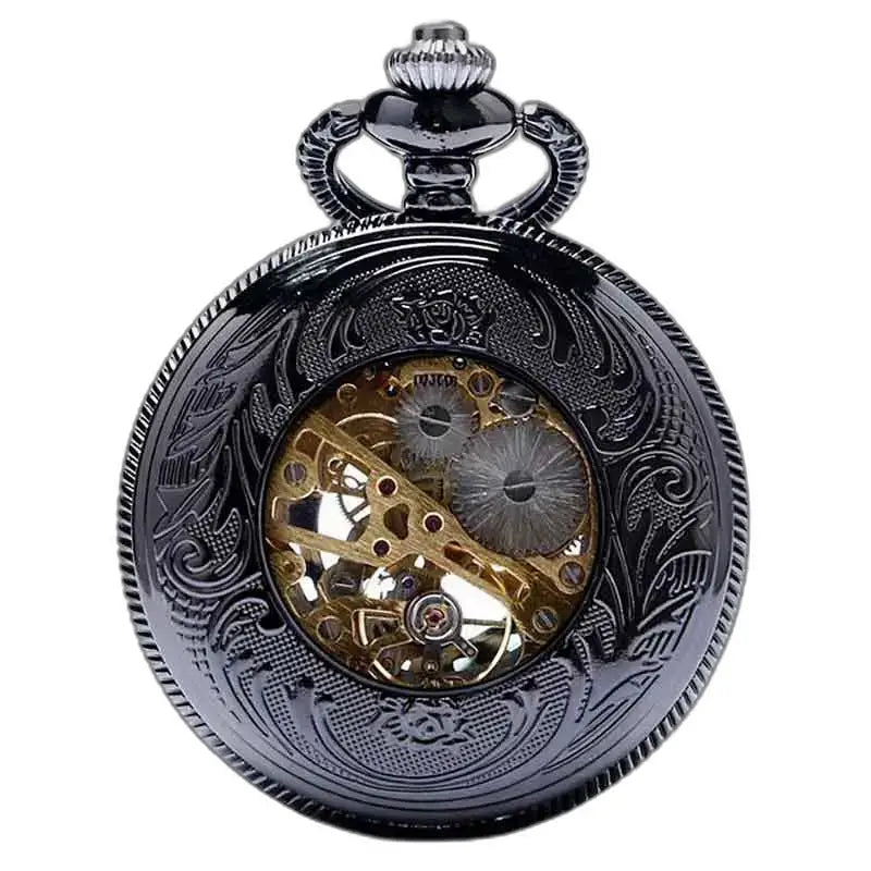 Orologio da tasca Steampunk con tassello in titanio con meccanica decorata nera visibile