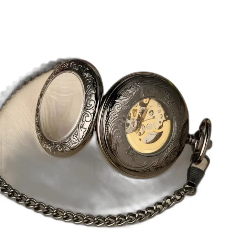 Orologio da tasca automatico aperto rusticogem nero con catena dal design ornato