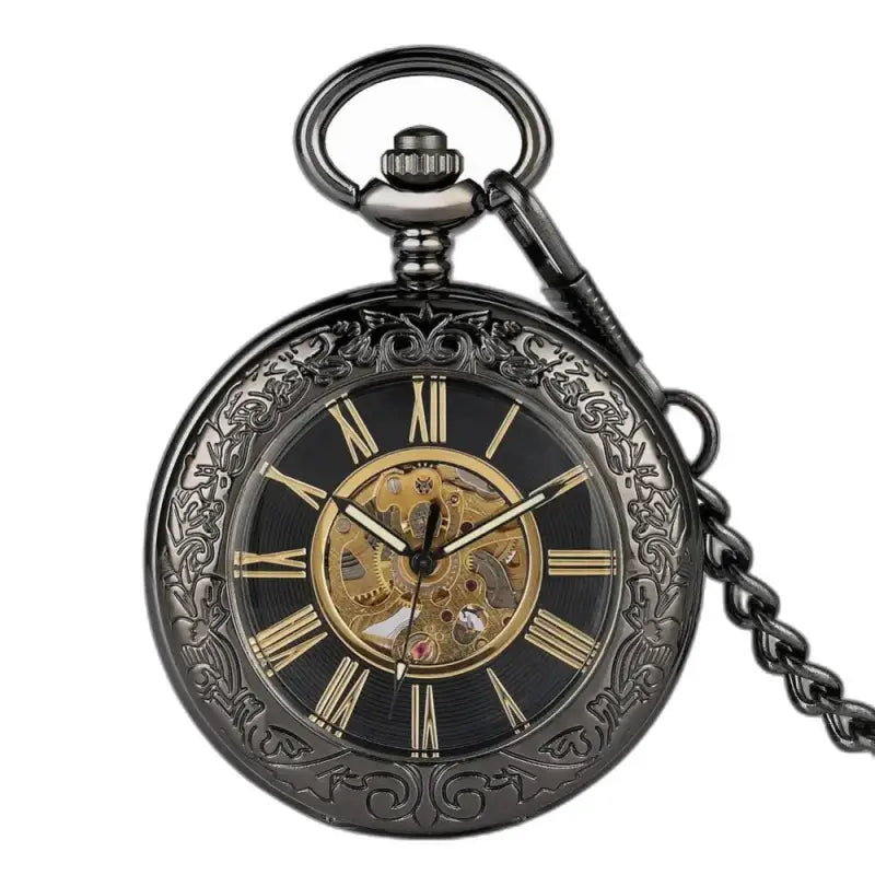 Orologio da tasca automatico rusticogem nero dal design elegante e decorato