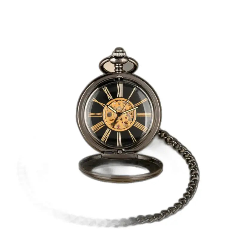 Orologio da tasca automatico Rusticgem nero con catena, stile elegante e senza tempo