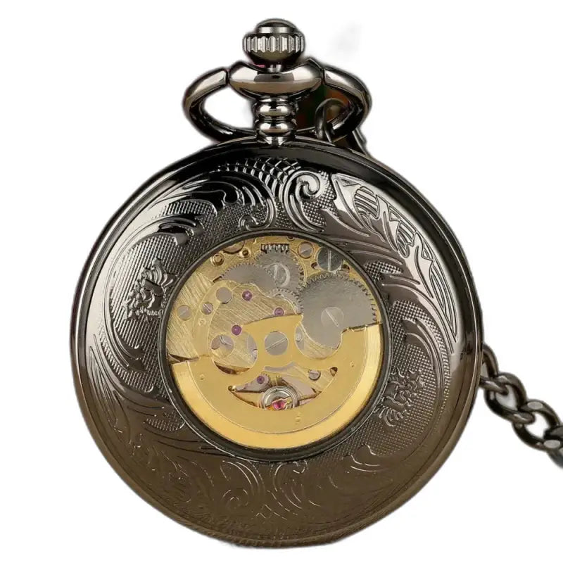 Orologio da tasca automatico rusticogem nero con ingranaggi visibili e design ornato