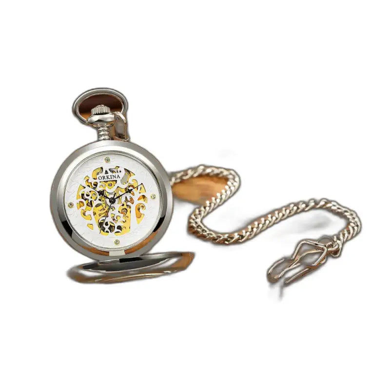 Squisito orologio da tasca meccanico da uomo, opera d'arte in oro e argento con catena