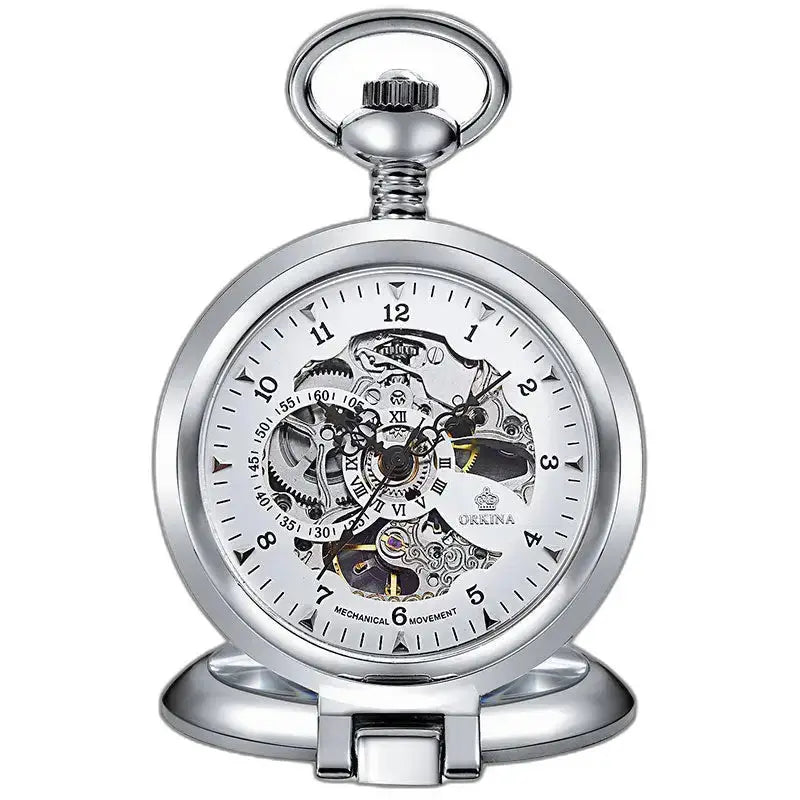 Squisito orologio da tasca meccanico in oro da uomo con quadrante scheletrato tono argento