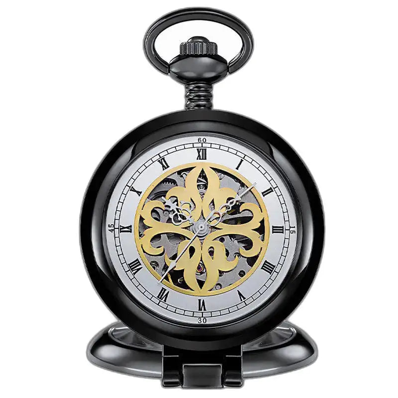 Squisito orologio da tasca meccanico in oro da uomo con motivo scheletrato nero e oro