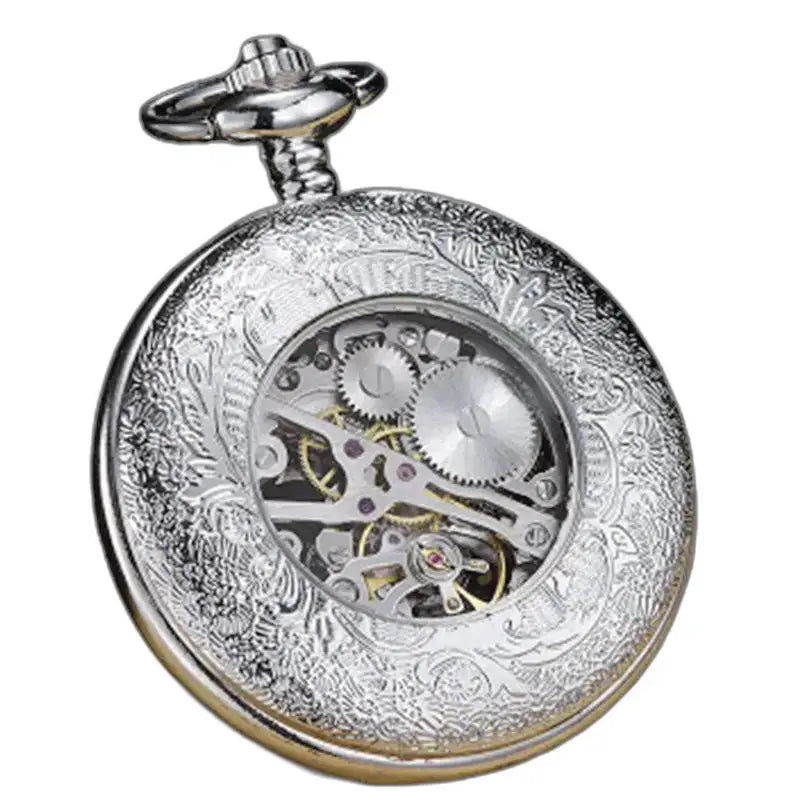 Orologio da tasca Hunter completo a carica manuale con ingranaggi a vista nel movimento meccanico