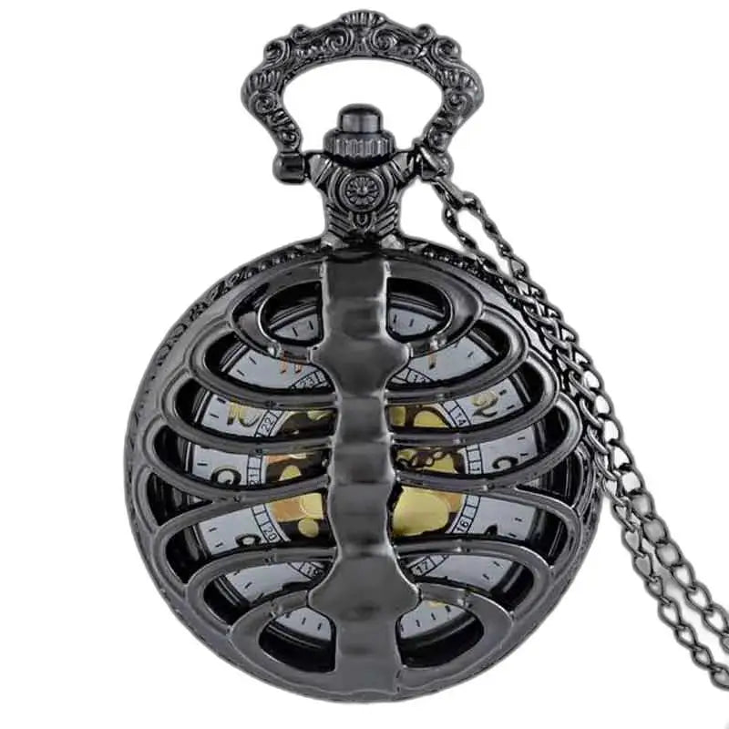 Orologio da tasca Steampunk in palladio con cassa toracica scheletrata nera