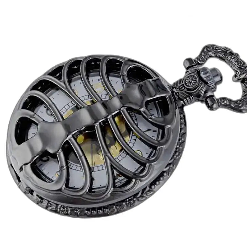 Elegante orologio da tasca Steampunk in palladio con un bellissimo scheletro nero