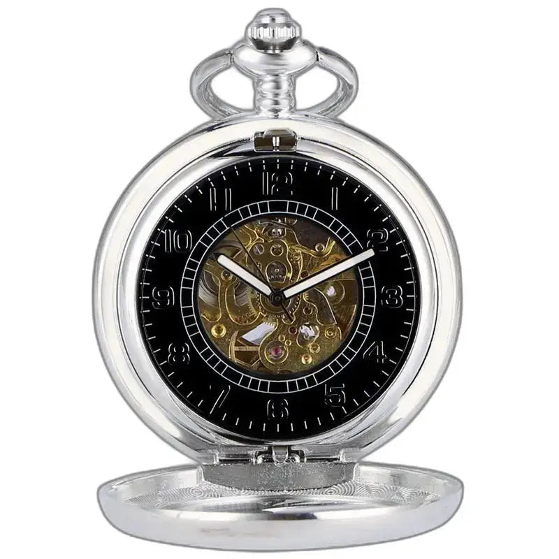Orologio da tasca nero argento di lusso con ingranaggi visibili per un'eleganza senza tempo