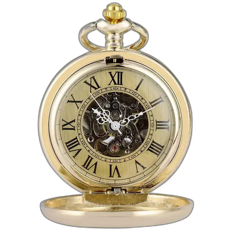 Orologio da tasca di lusso nero argento con vetro minerale e meccanismo in oro a vista