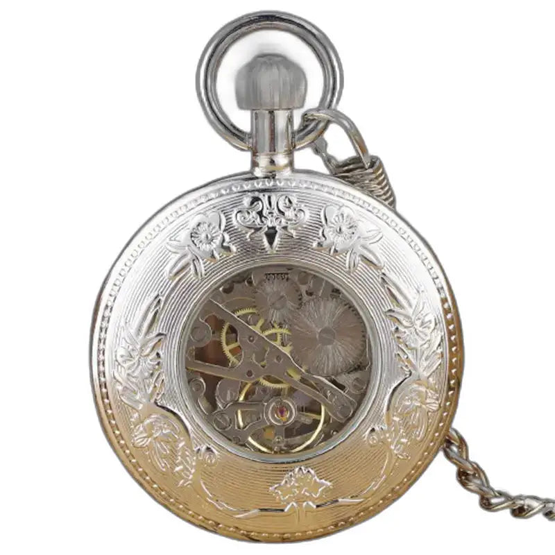 Orologio da tasca di lusso in vetro minerale nero argento con quadrante argento e oro