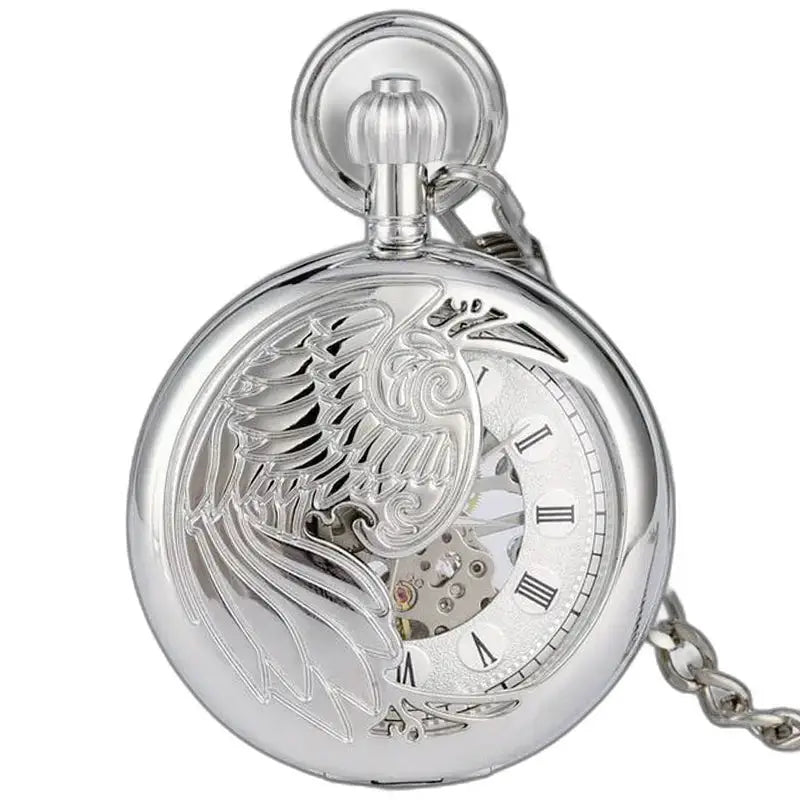 Orologio da tasca di lusso nero argento con design di uccelli e vetro minerale