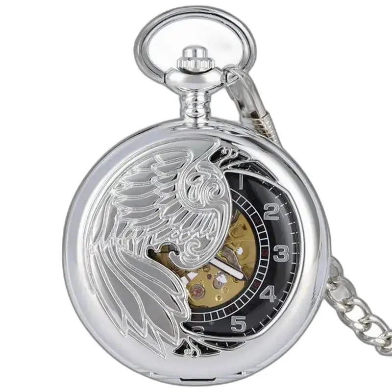 Orologio da tasca nero argento di lusso con design di uccelli elegante e raffinato