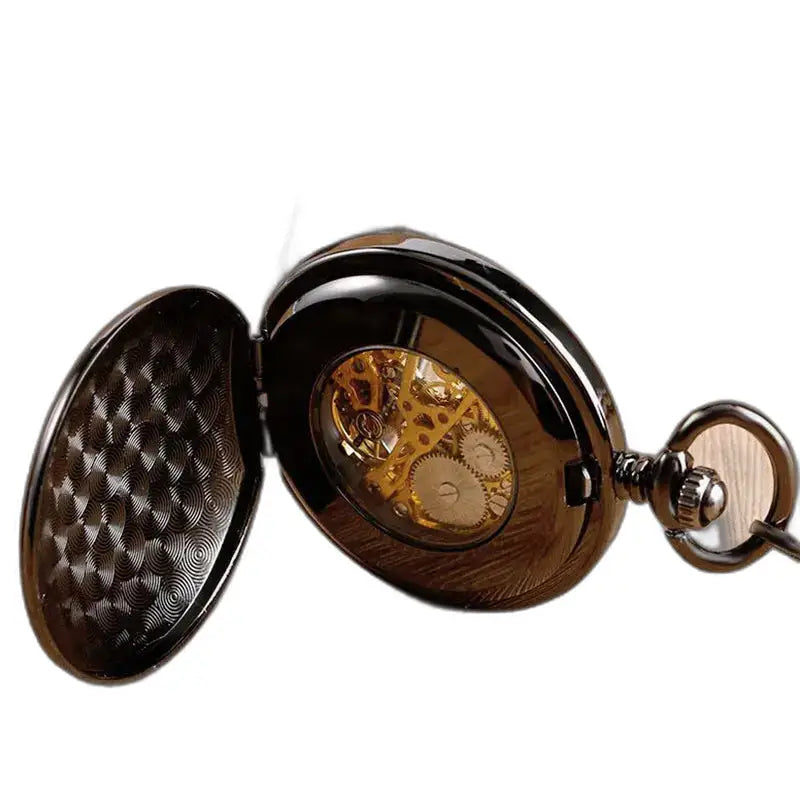 Orologio da tasca di lusso nero con doppio risvolto con numeri romani e meccanismo a vista