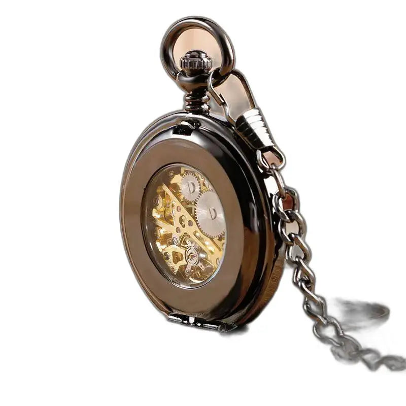 Orologio da tasca di lusso nero con doppia patta con numeri romani e catena in canna di fucile