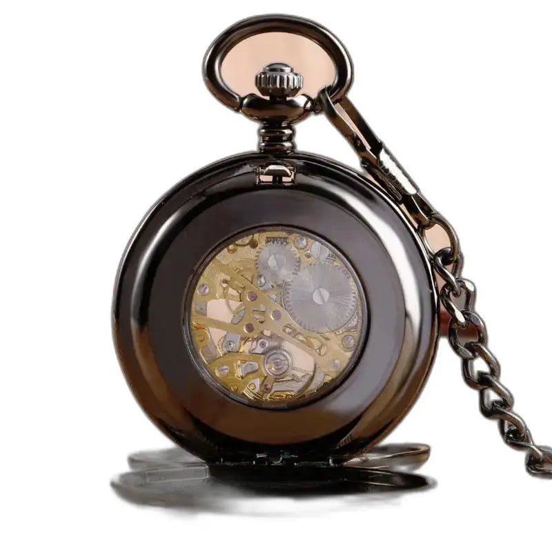 Orologio da tasca di lusso nero con doppio risvolto con numeri romani e meccanismo a vista