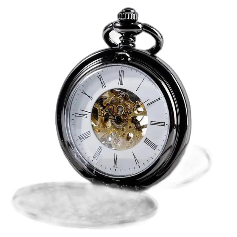 Orologio da tasca di lusso nero con doppia patta con numeri romani su quadrante elegante