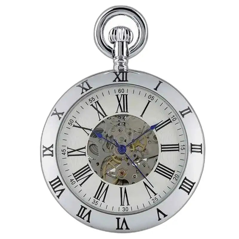 Elegante orologio da tasca di lusso in pietra argentata con numeri romani su sfondo argento