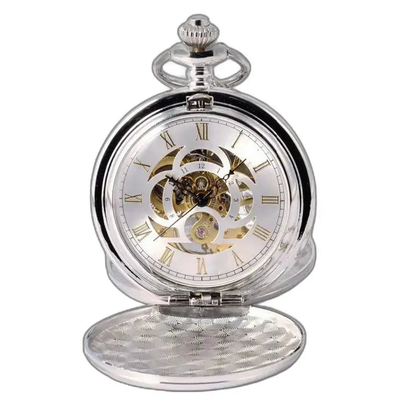 Orologio da tasca meccanico argento doppio lembo con movimento meccanico e ingranaggi a vista
