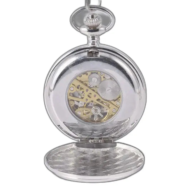 Orologio da tasca meccanico in argento con doppio lembo con movimento meccanico e stile scheletrato