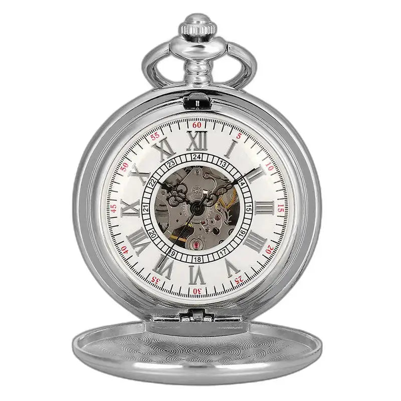 Orologio da tasca meccanico con numeri romani lisci con ingranaggi visibili