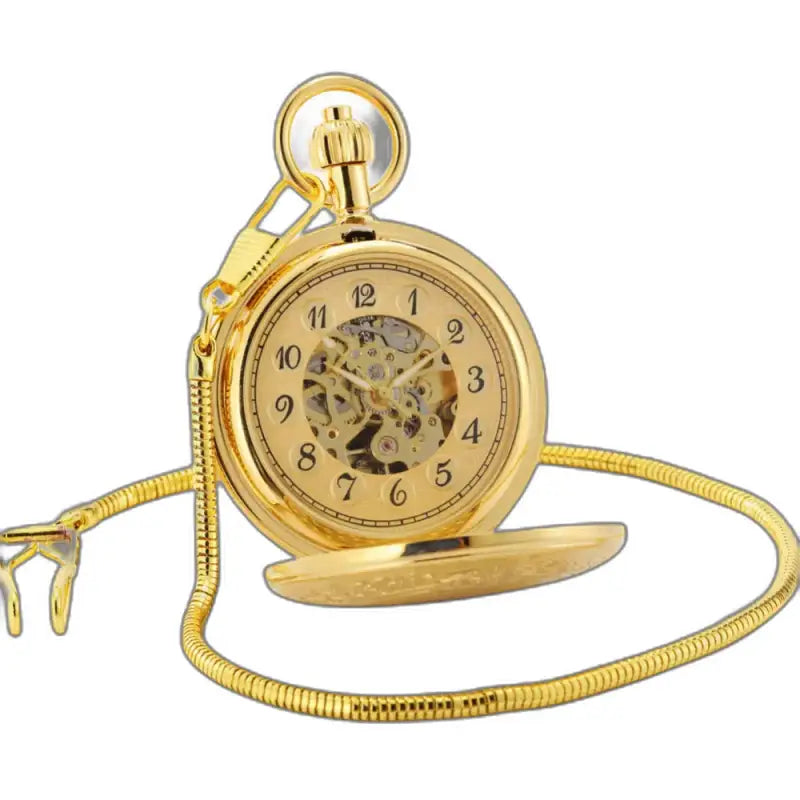 Elegante orologio da tasca meccanico da uomo moderno in oro con moderna catena in oro