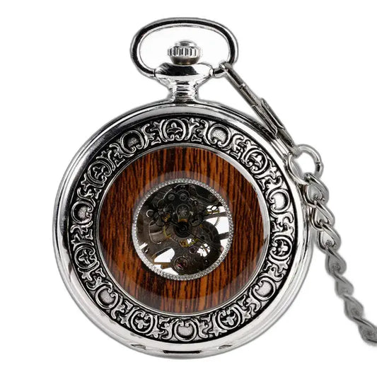 Orologio da tasca meccanico da uomo di lusso Wood Prestige con quadrante in legno e cassa in argento