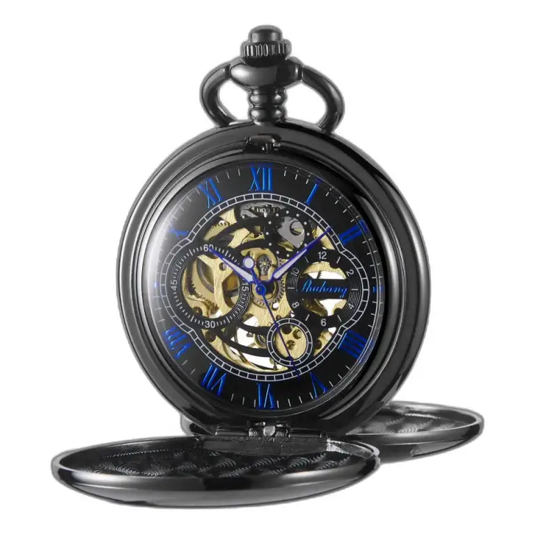 Classico orologio da tasca meccanico nero, elegante tasca nera con specchio nero