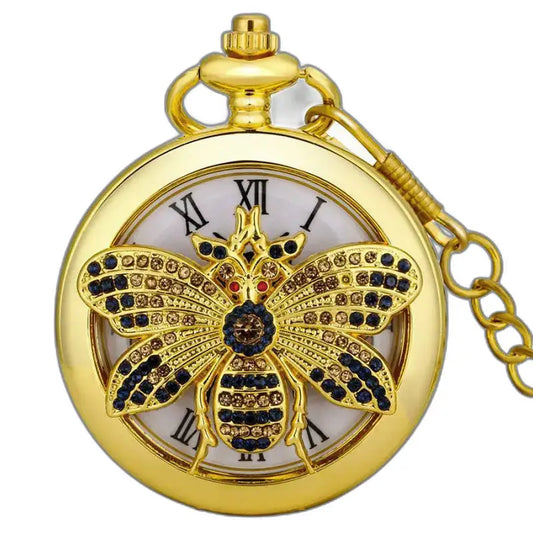 Classico orologio da tasca al quarzo con farfalla dorata e preziosa ape dorata