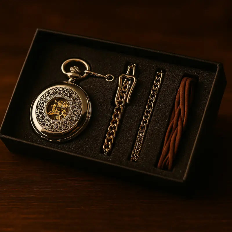 Orologio da tasca di lusso in argento con catena e cinturino in pelle in confezione regalo
