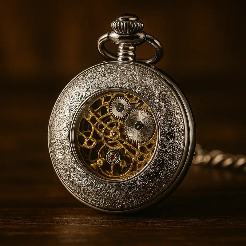 Confezione regalo di lusso per orologio da tasca in argento con un elegante quadrante scheletrato in argento