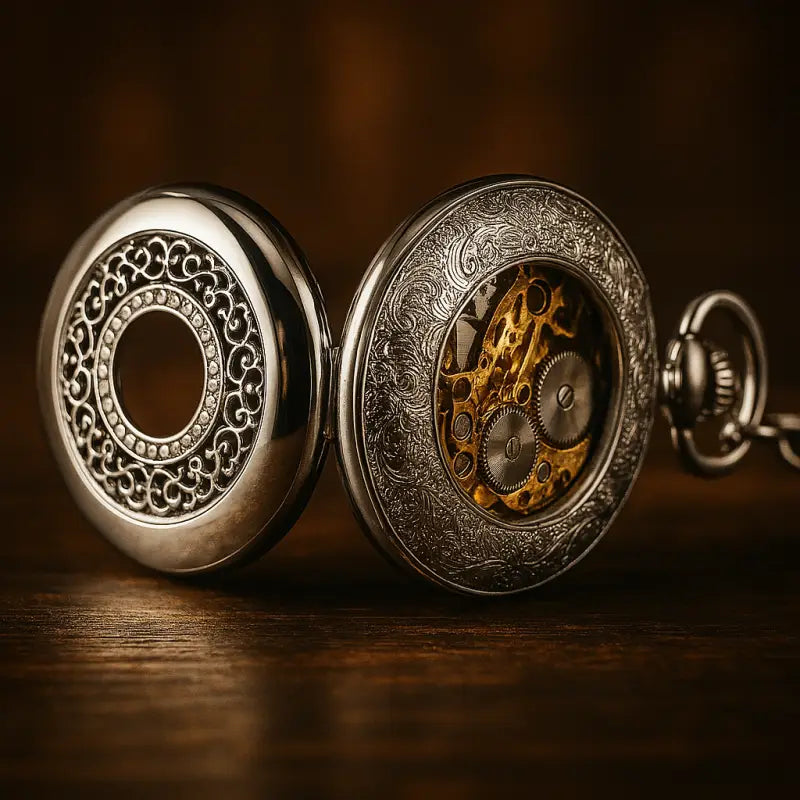 Confezione regalo di lusso per orologio da tasca in argento con un orologio da tasca in argento decorato