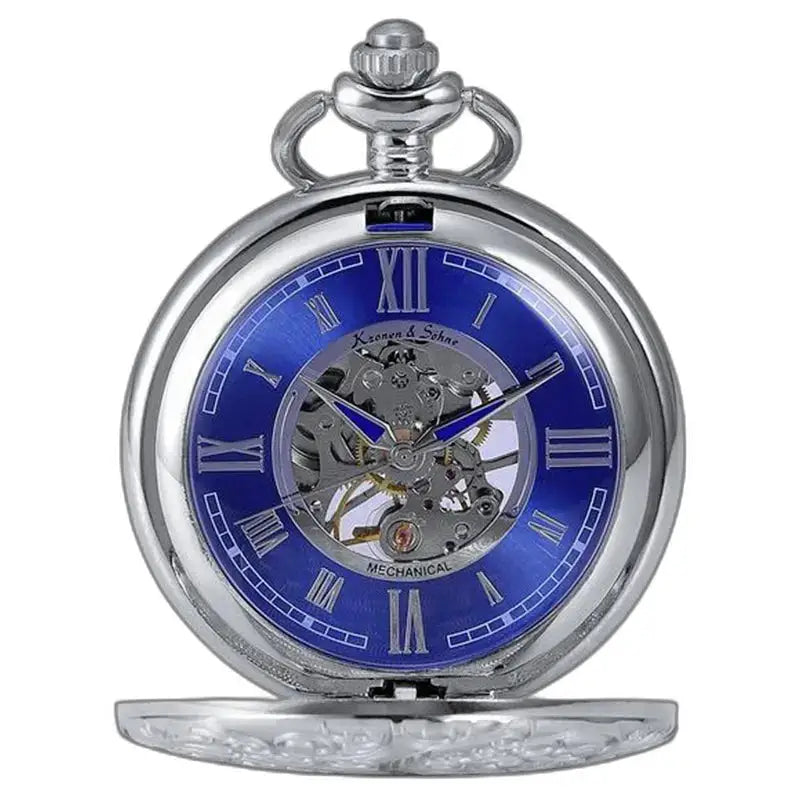 Movimento meccanico di lusso per orologio da tasca blu con quadrante blu e cassa argentata