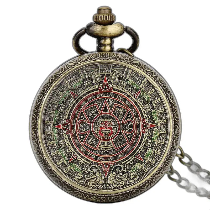 Orologio da tasca con collana mandala in bronzo vintage con design del calendario azteco