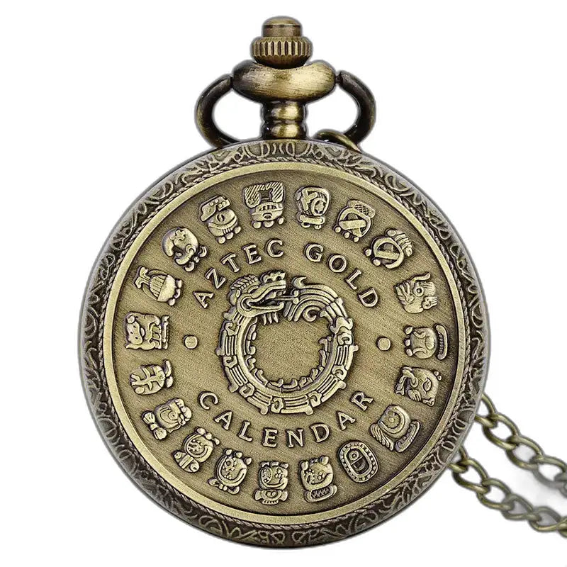Orologio da tasca con collana mandala in bronzo vintage e ciondolo con calendario azteco in bronzo