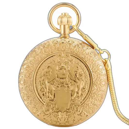 Doppio orologio da tasca Golden Majesty Chic, orologio da tasca dorato decorato con catena